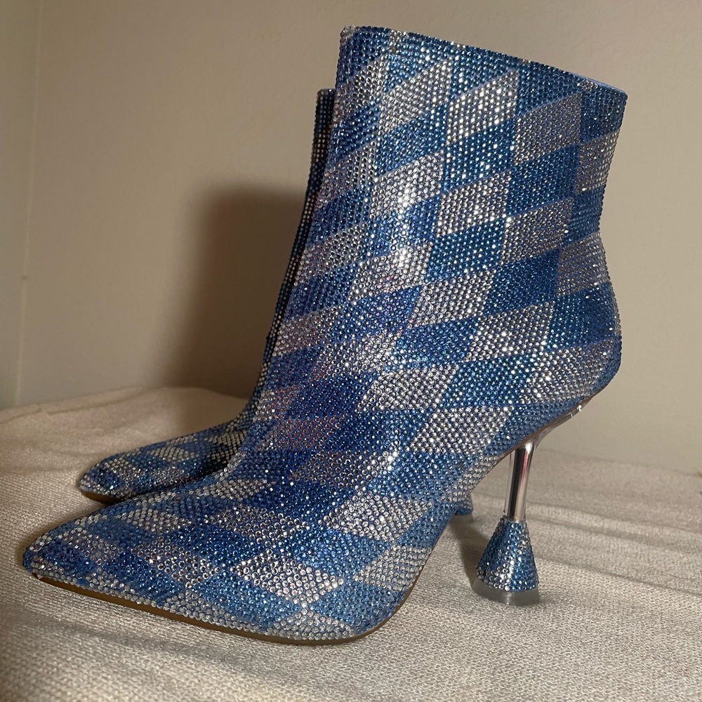 Dillard’s Gianni Bini Checkered Rhinestone Blue and Silver Ankle Boots